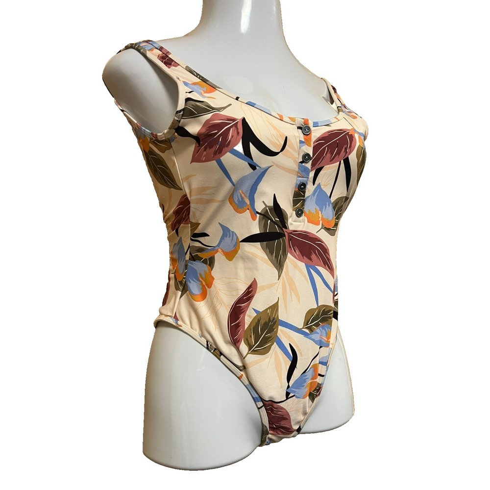 L Space Float On One Piece Swimsuit Henely Button Multi Peach Leaves Print SZ 10